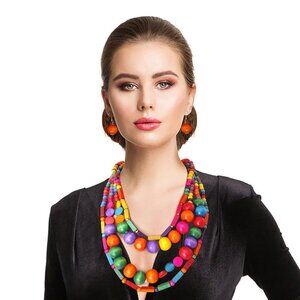 Rainbow Mixed Wooden Bead Necklace Set
